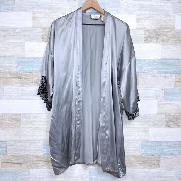 Victorias Secret Vintage Silk Robe Gray Lace Trim Gold Label Womens Medium - Picture 1 of 6
